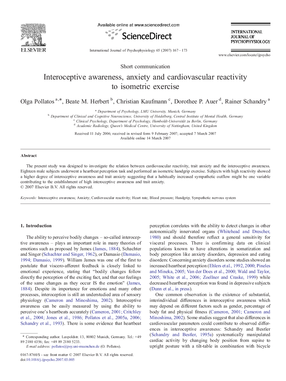 Interoceptive awareness, anxiety and cardiovascular reactivity to isometric exercise