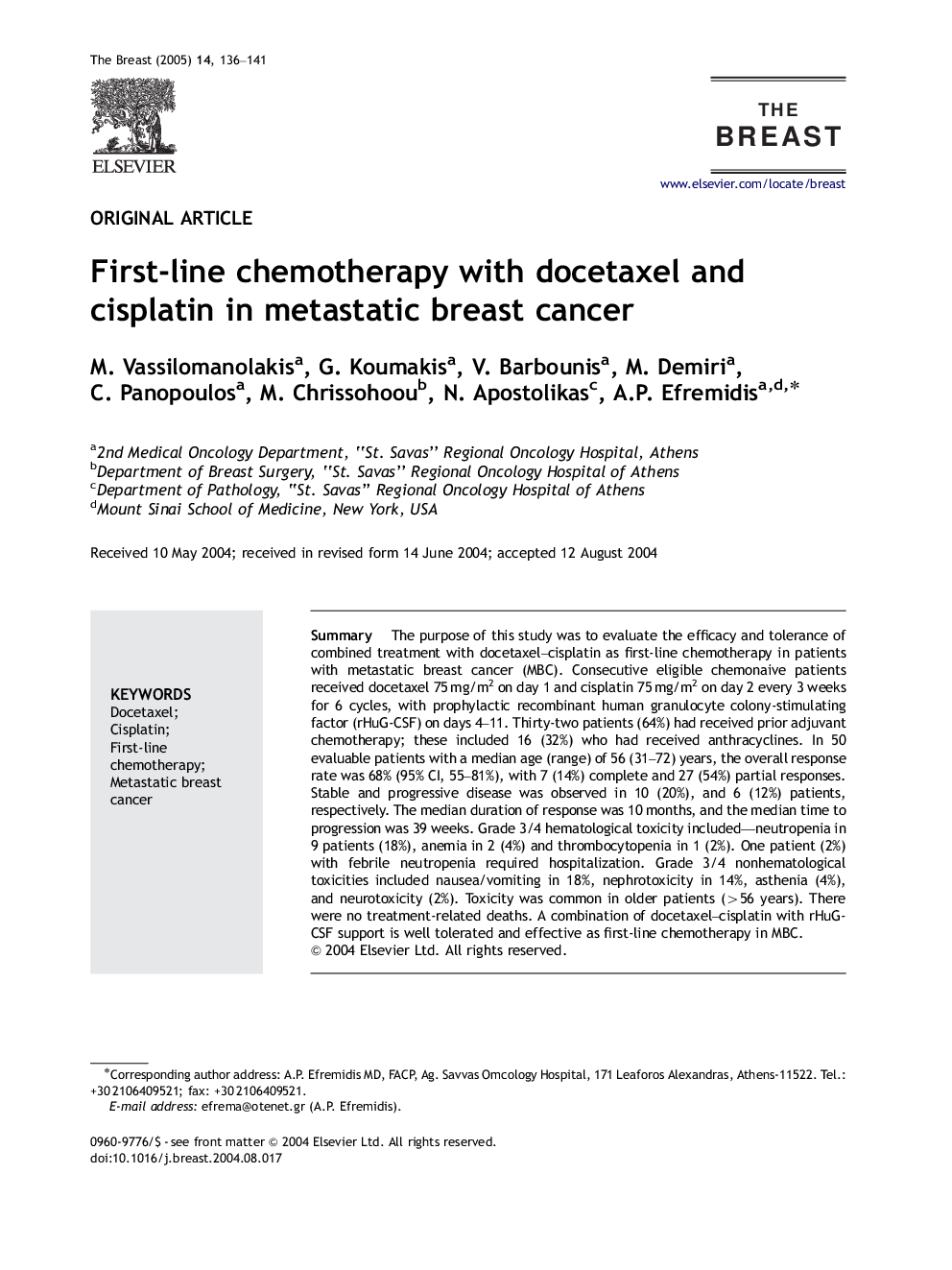عکس صفحه اول مقاله: First-line chemotherapy with docetaxel and cisplatin in metastatic breast cancer First-line chemotherapy with docetaxel and cisplatin in metastatic breast cancer
