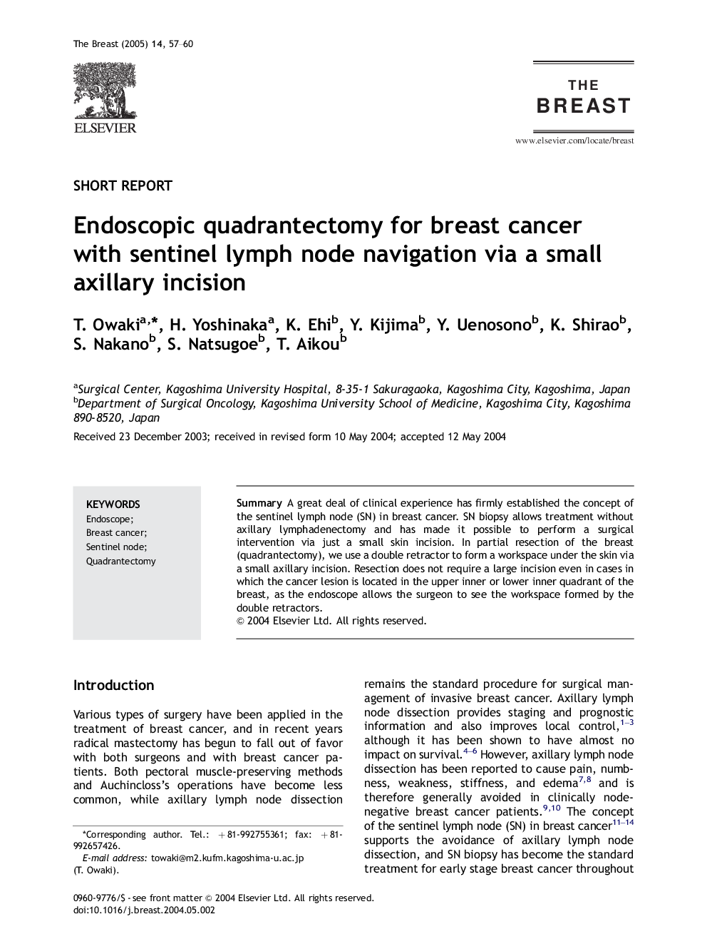 Endoscopic quadrantectomy for breast cancer with sentinel lymph node navigation via a small axillary incision