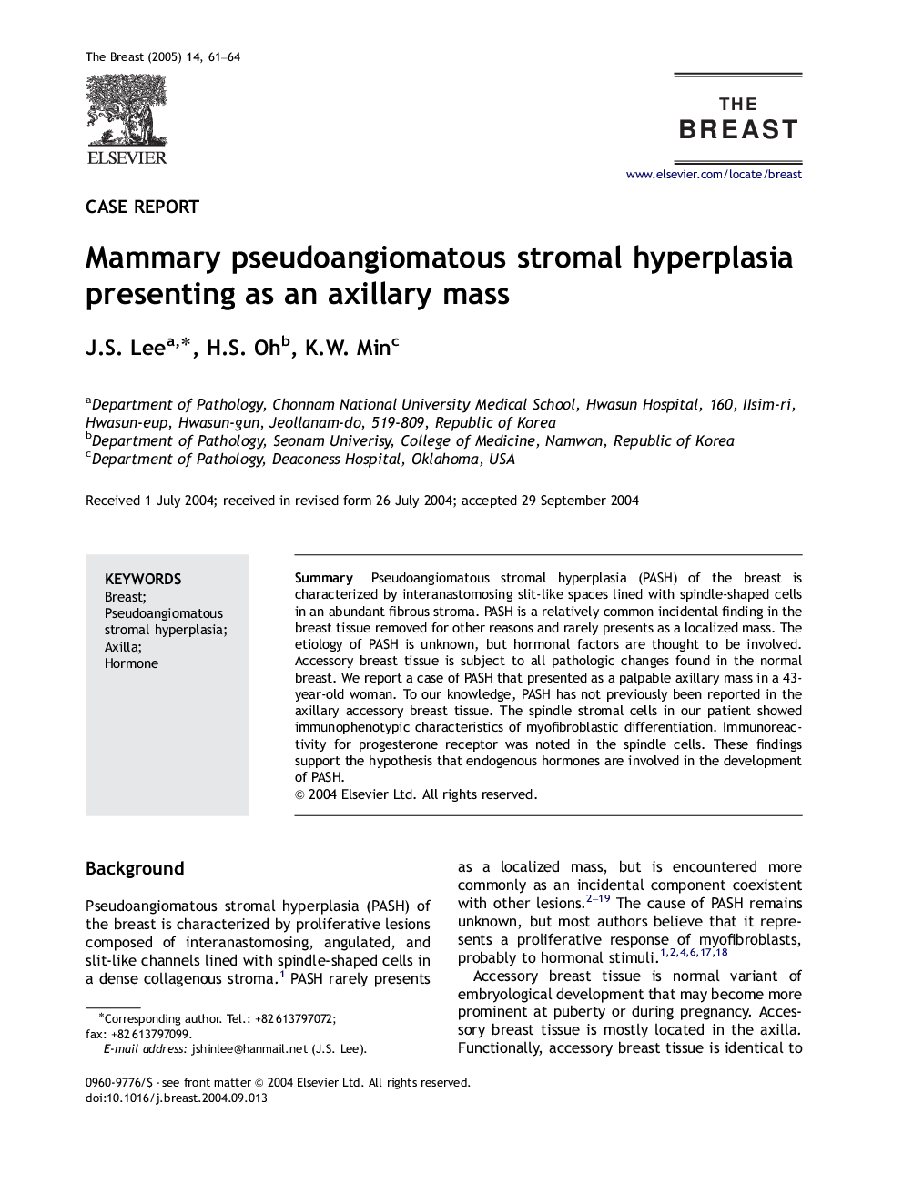 Mammary pseudoangiomatous stromal hyperplasia presenting as an axillary mass