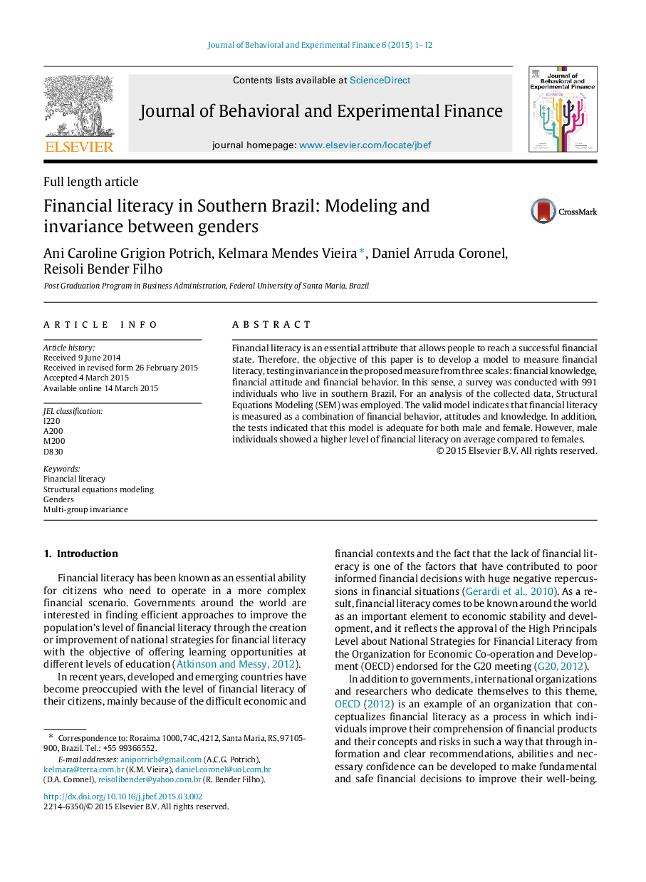 Financial literacy in Southern Brazil: Modeling and invariance between genders