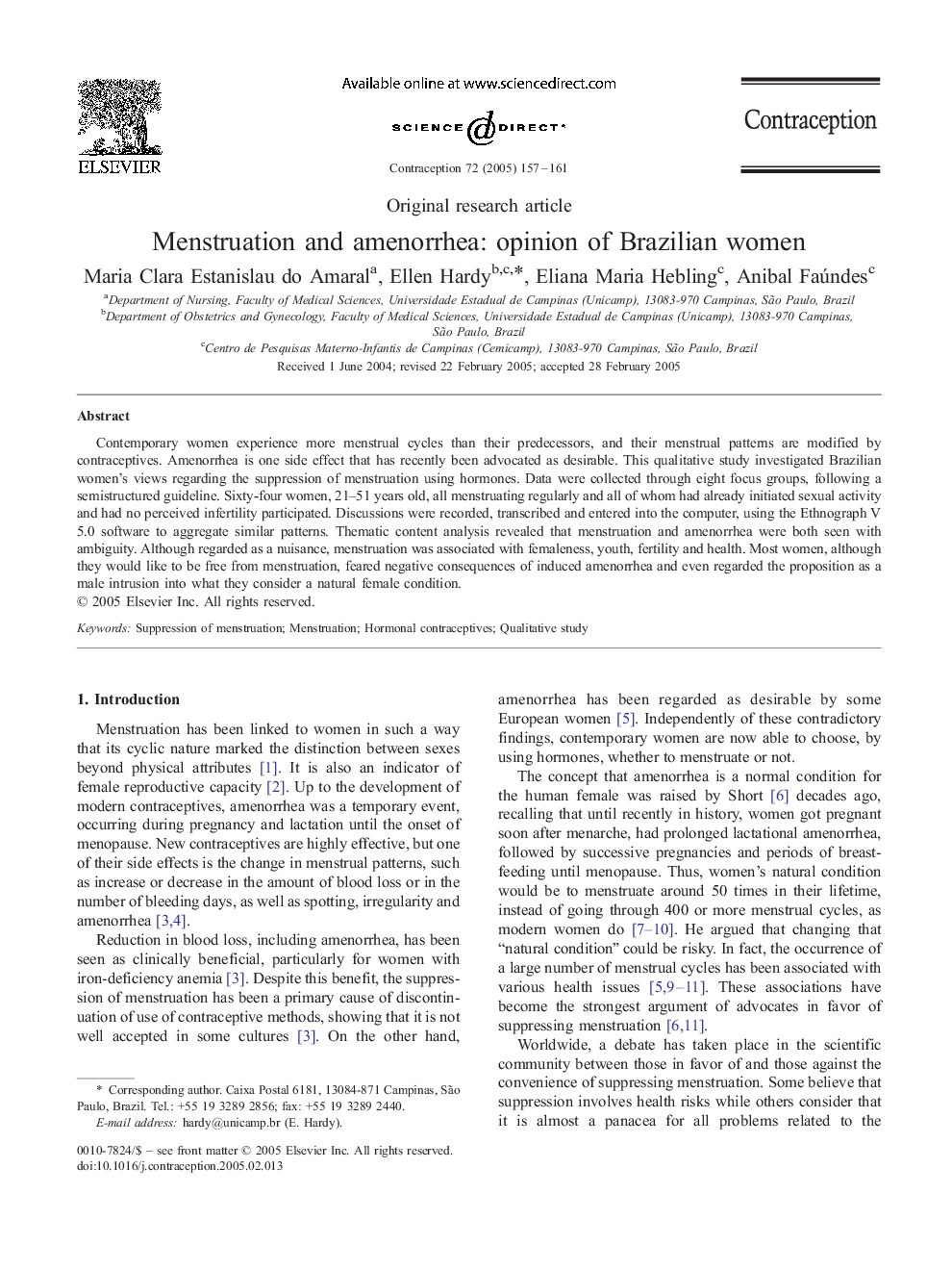 Menstruation and amenorrhea: opinion of Brazilian women