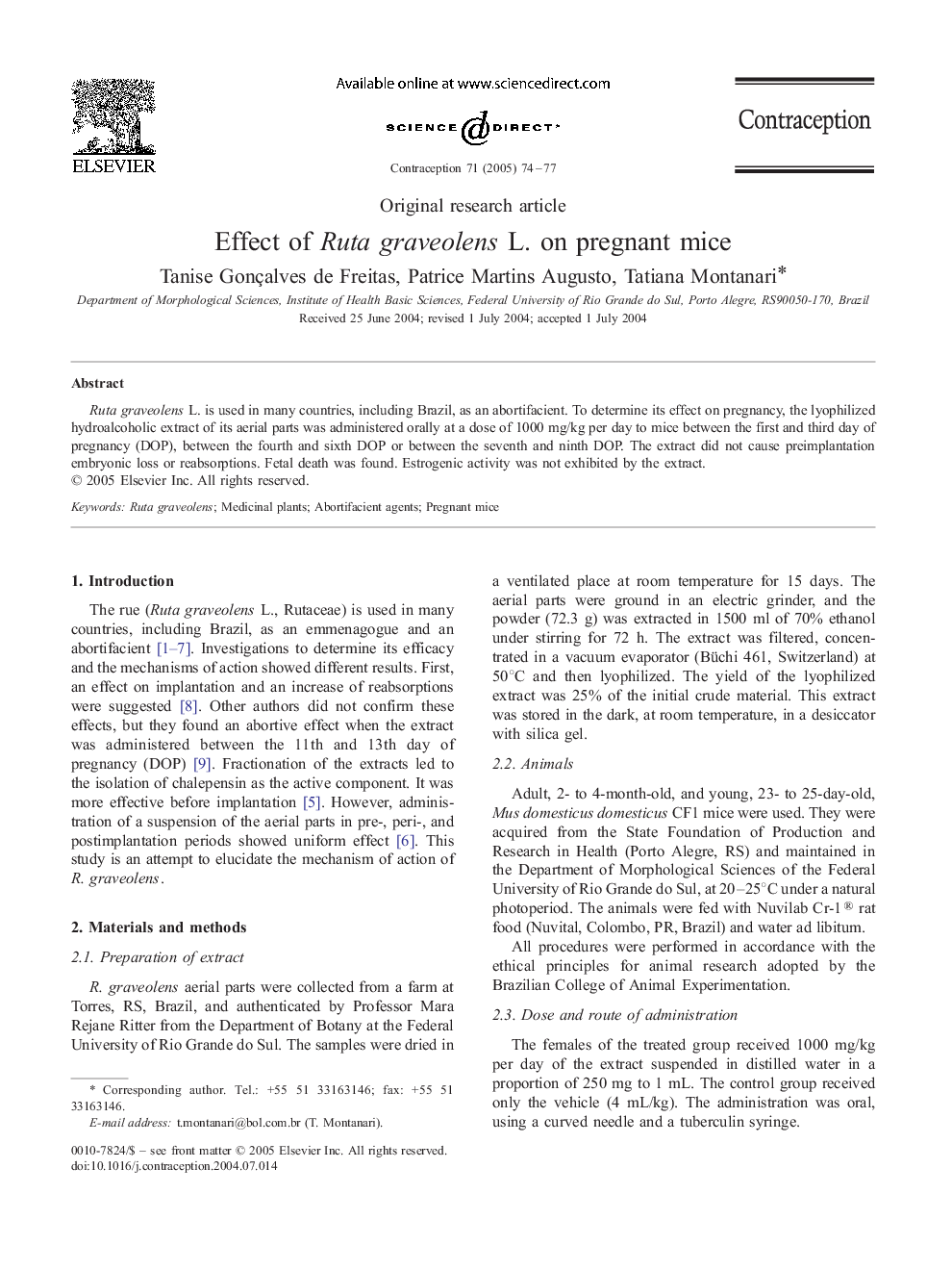 Effect of Ruta graveolens L. on pregnant mice