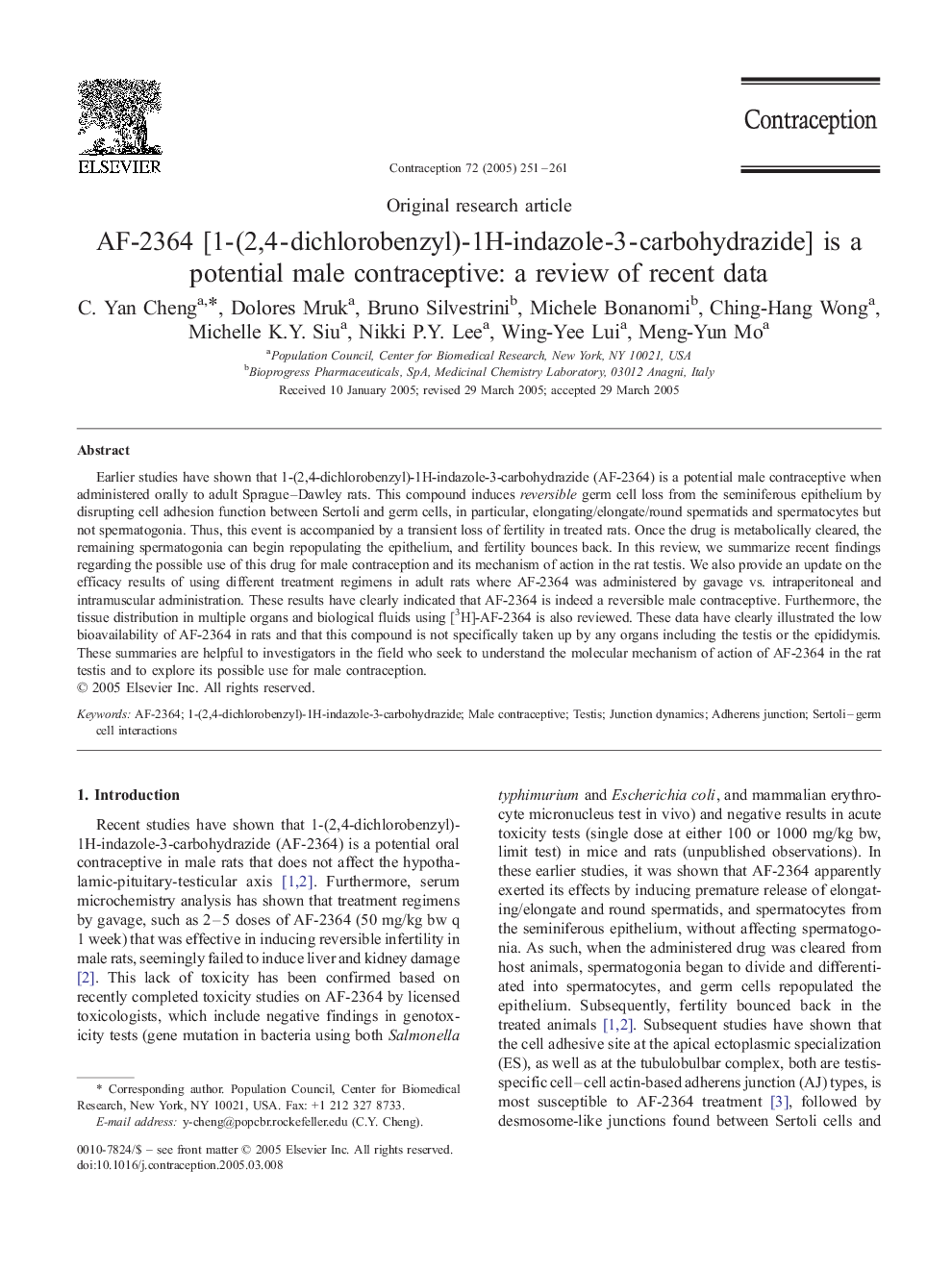 AF-2364 [1-(2,4-dichlorobenzyl)-1H-indazole-3-carbohydrazide] is a potential male contraceptive: a review of recent data