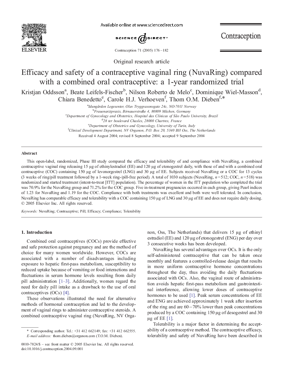 Efficacy and safety of a contraceptive vaginal ring (NuvaRing) compared with a combined oral contraceptive: a 1-year randomized trial