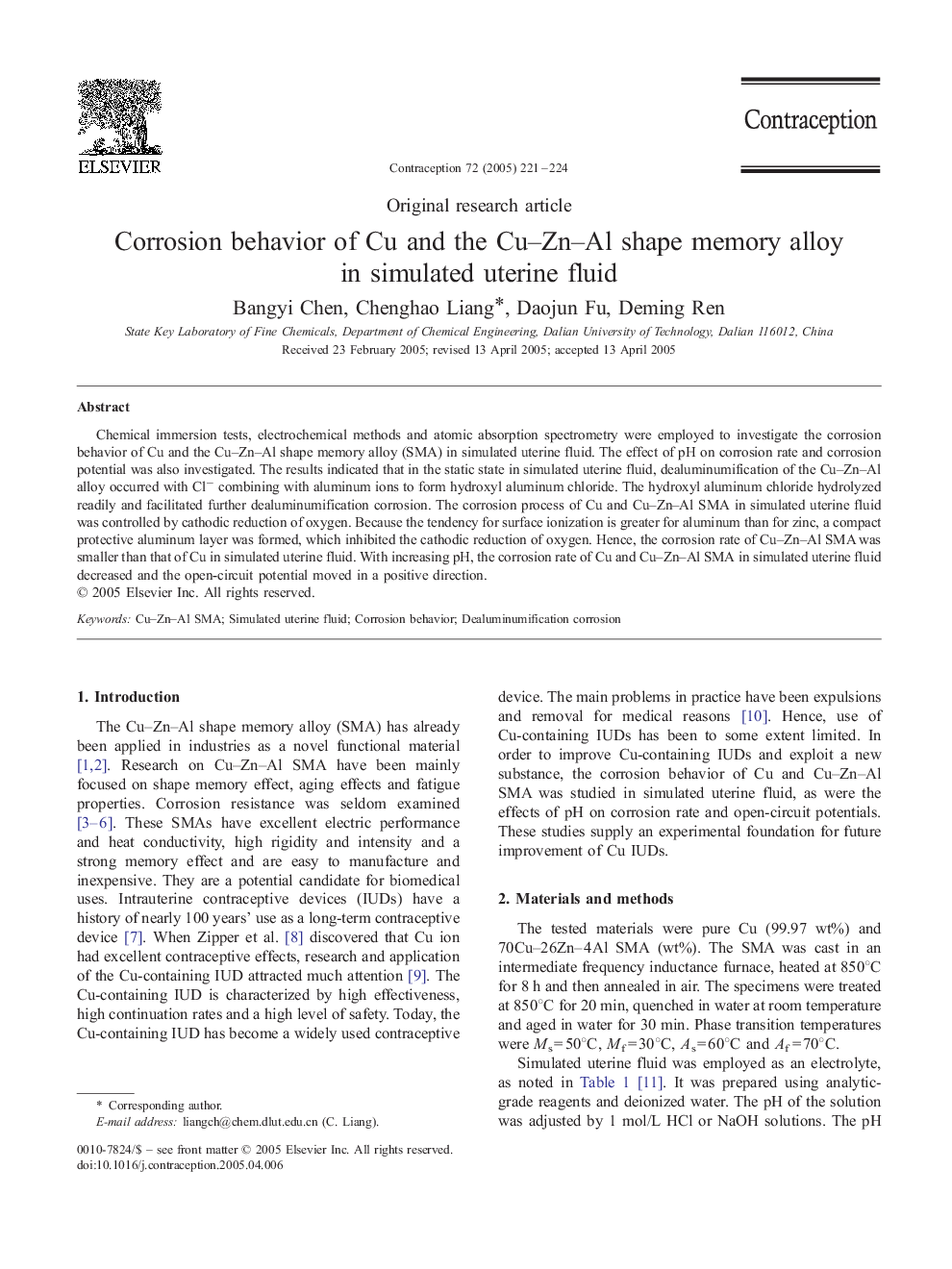 Corrosion behavior of Cu and the Cu-Zn-Al shape memory alloy in simulated uterine fluid