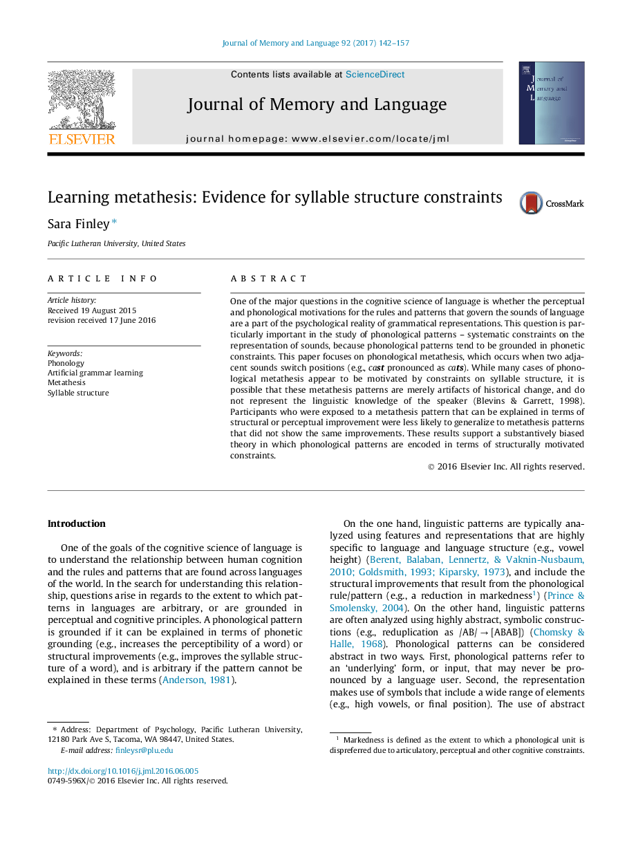 Learning metathesis: Evidence for syllable structure constraints