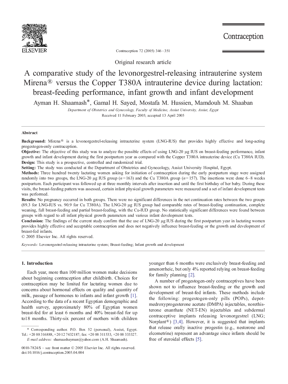 A comparative study of the levonorgestrel-releasing intrauterine system Mirena® versus the Copper T380A intrauterine device during lactation: breast-feeding performance, infant growth and infant development