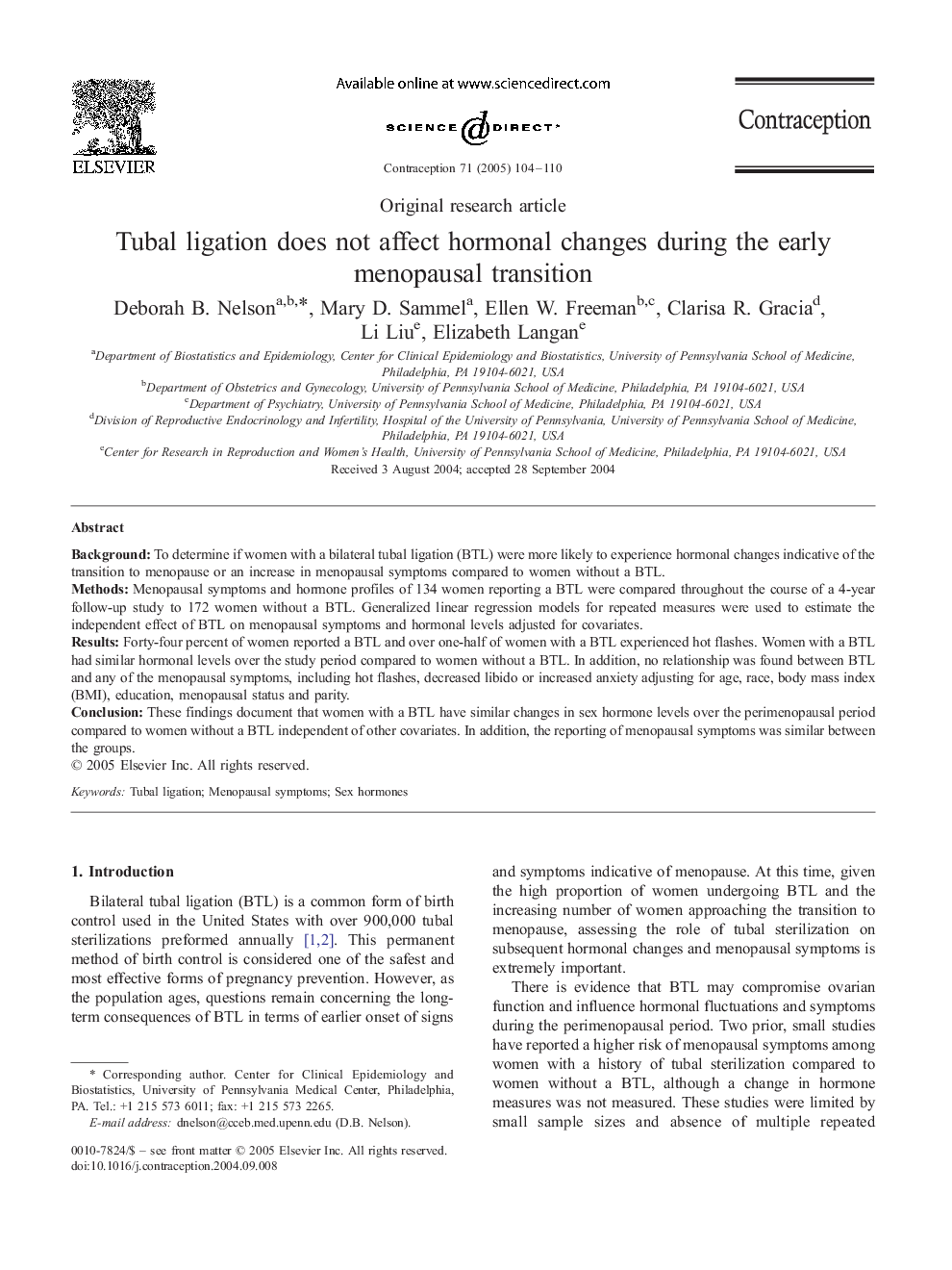 Tubal ligation does not affect hormonal changes during the early menopausal transition