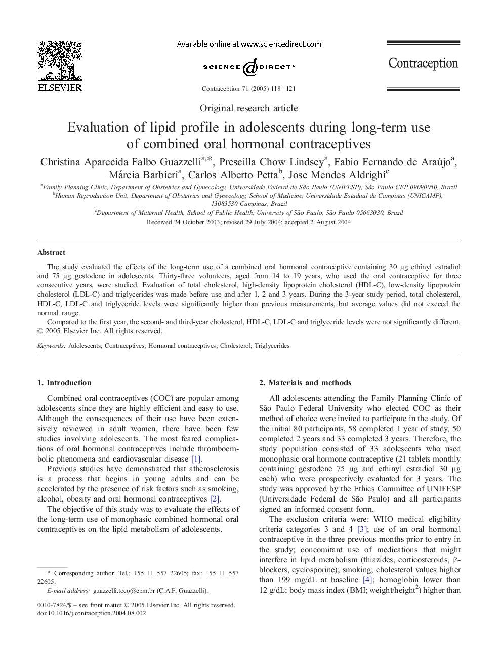 Evaluation of lipid profile in adolescents during long-term use of combined oral hormonal contraceptives