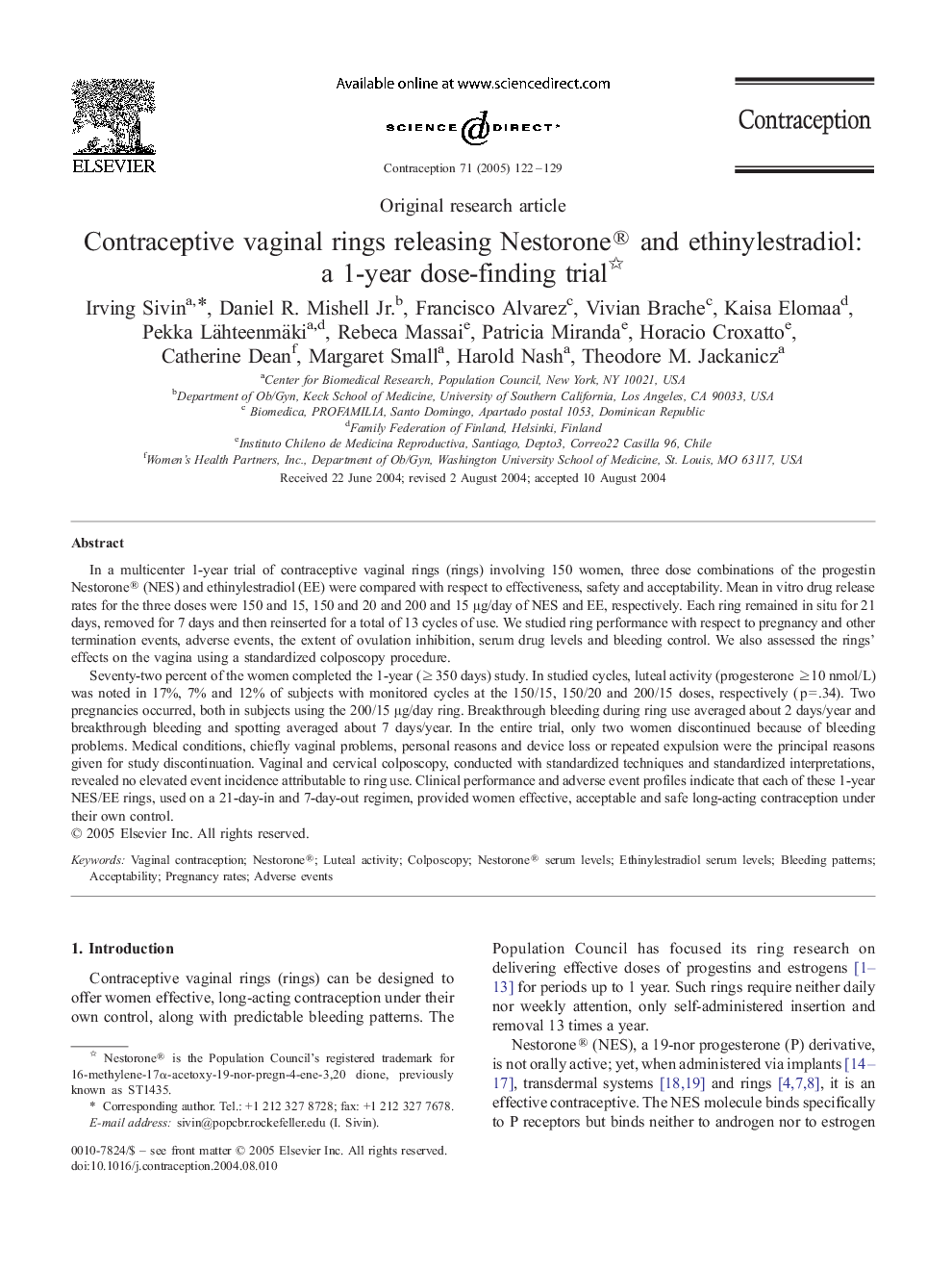 Contraceptive vaginal rings releasing Nestorone® and ethinylestradiol: a 1-year dose-finding trial