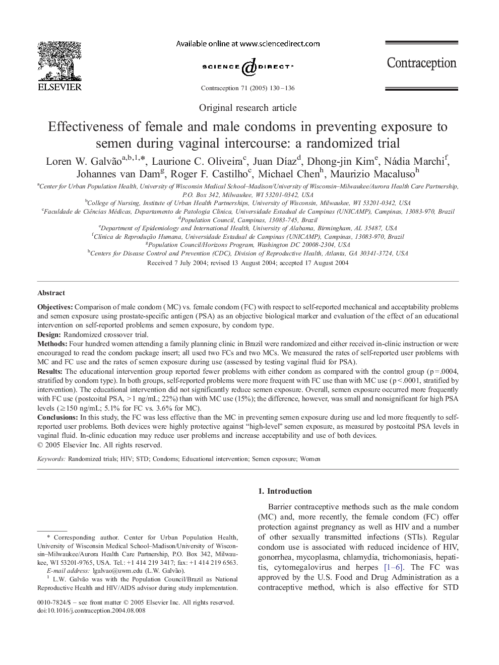 Effectiveness of female and male condoms in preventing exposure to semen during vaginal intercourse: a randomized trial