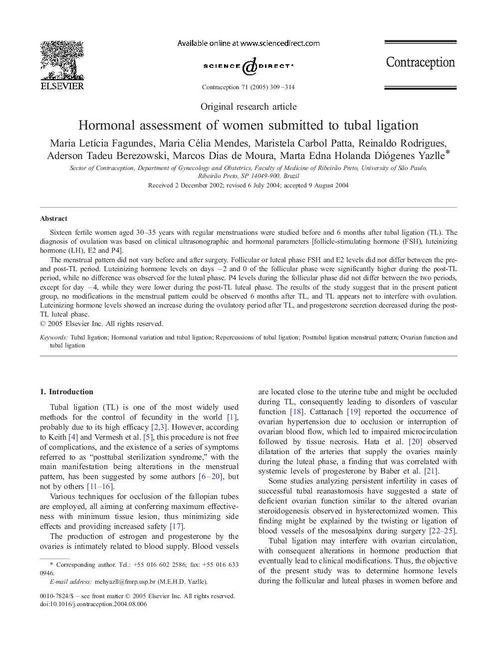 Hormonal assessment of women submitted to tubal ligation