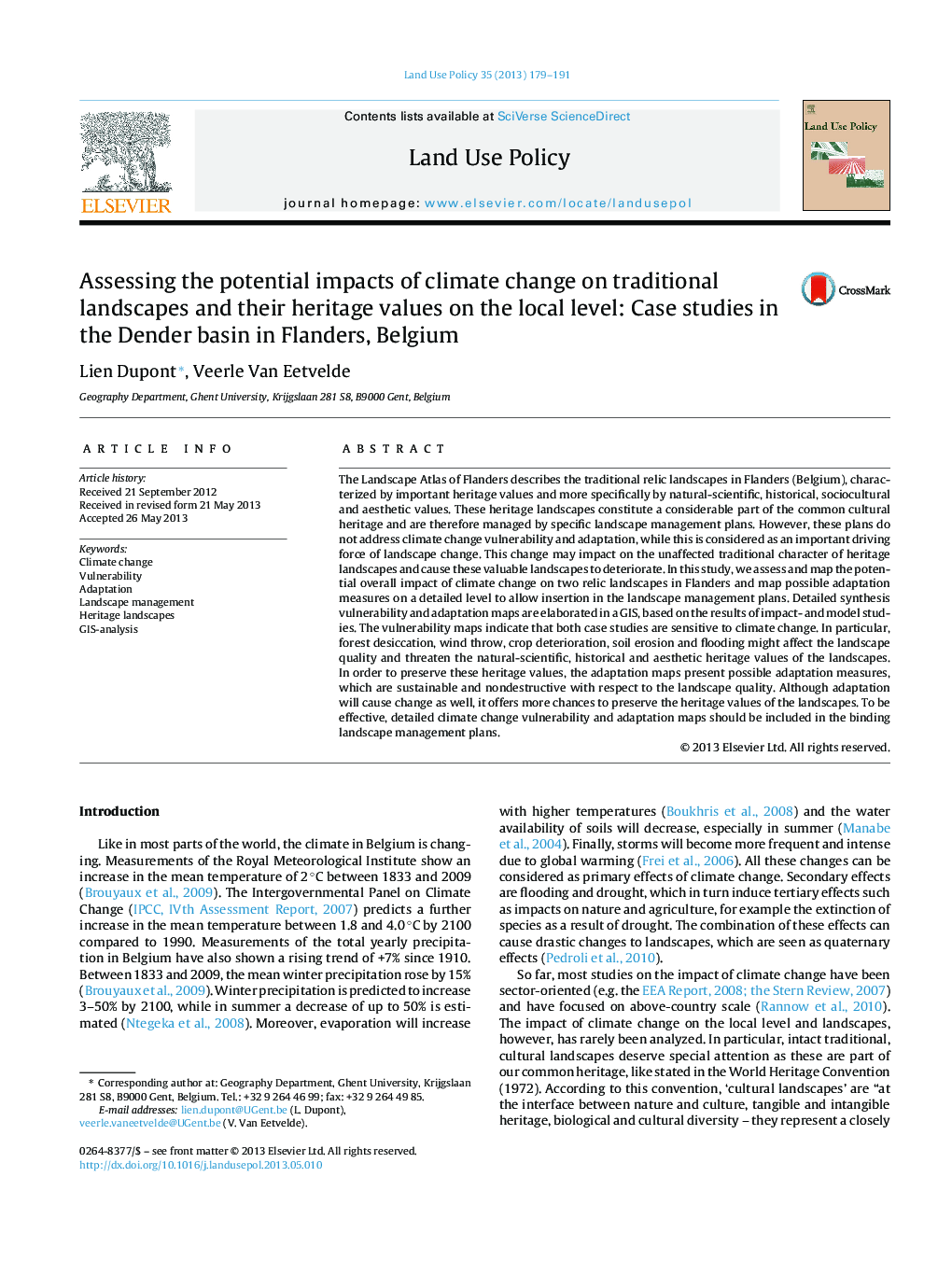 Assessing the potential impacts of climate change on traditional landscapes and their heritage values on the local level: Case studies in the Dender basin in Flanders, Belgium