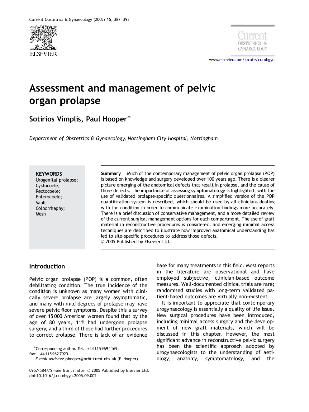 Assessment and management of pelvic organ prolapse