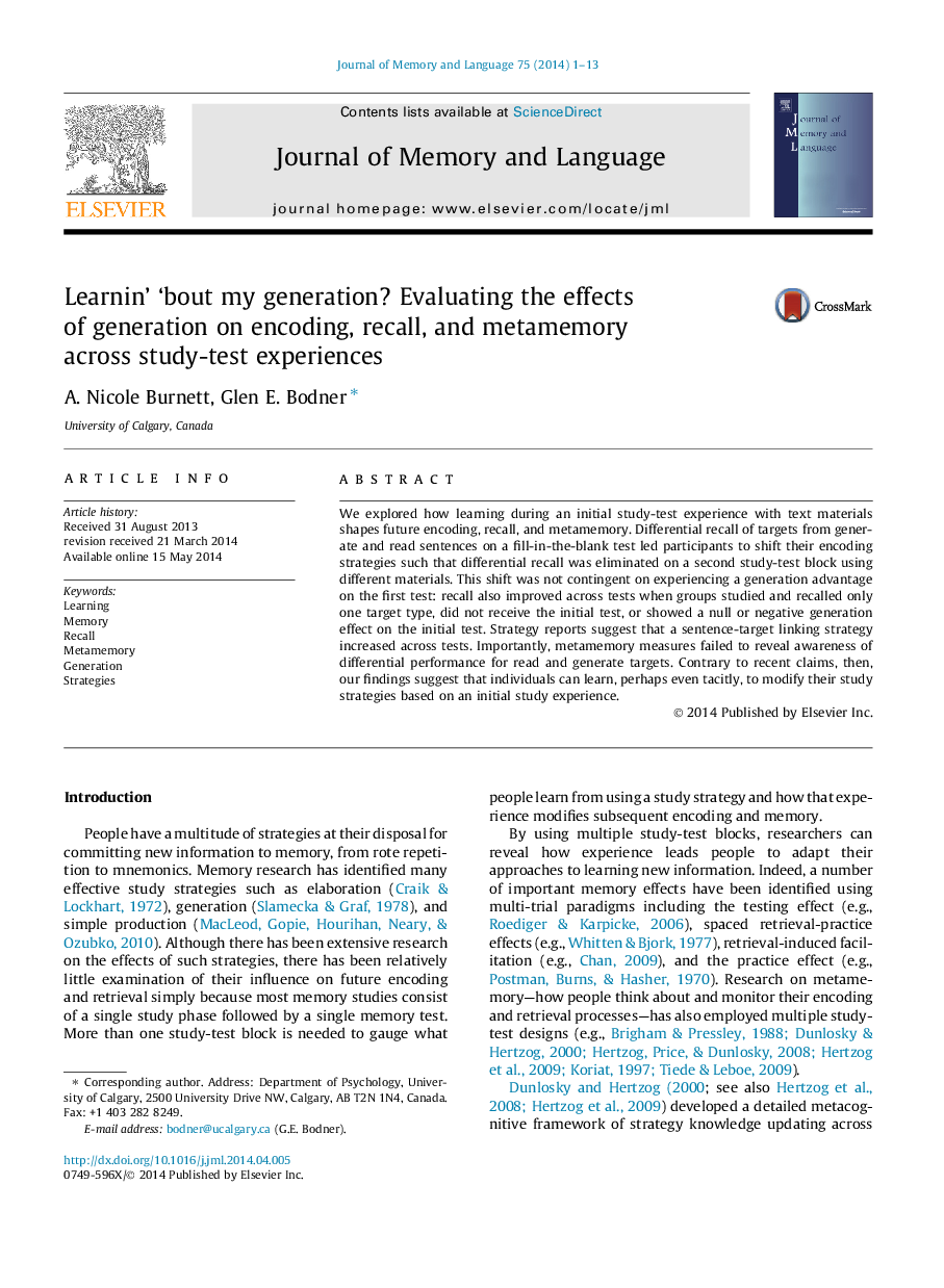 Learnin’ ‘bout my generation? Evaluating the effects of generation on encoding, recall, and metamemory across study-test experiences