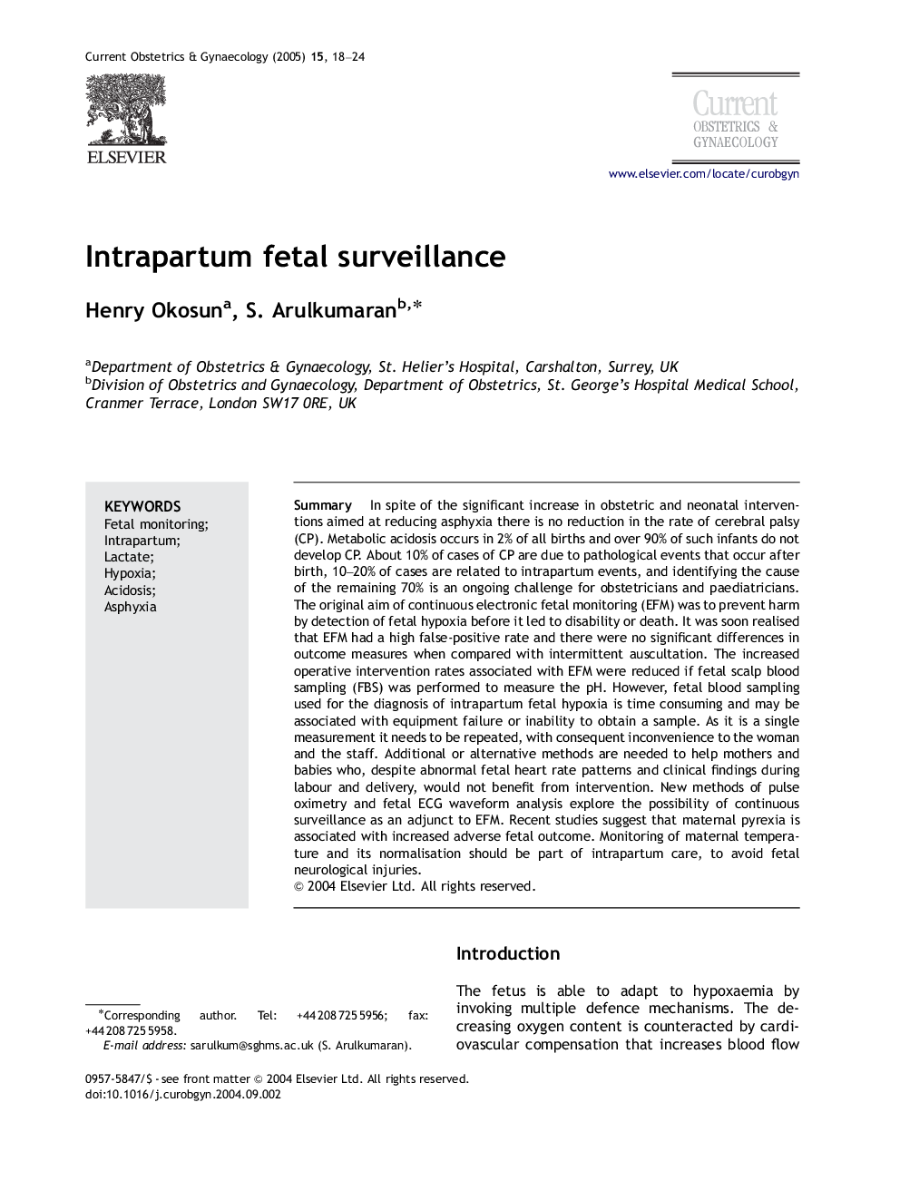 Intrapartum fetal surveillance