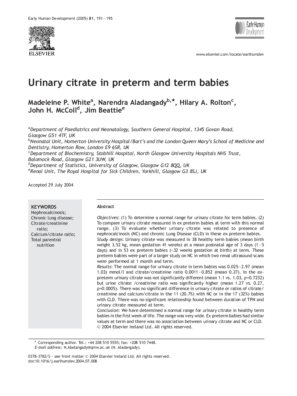 Urinary citrate in preterm and term babies