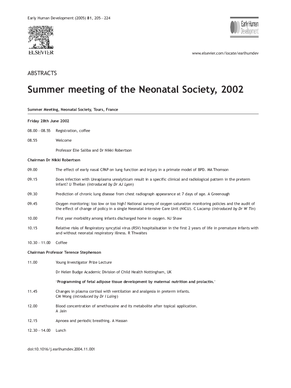 Summer meeting of the Neonatal Society, 2002