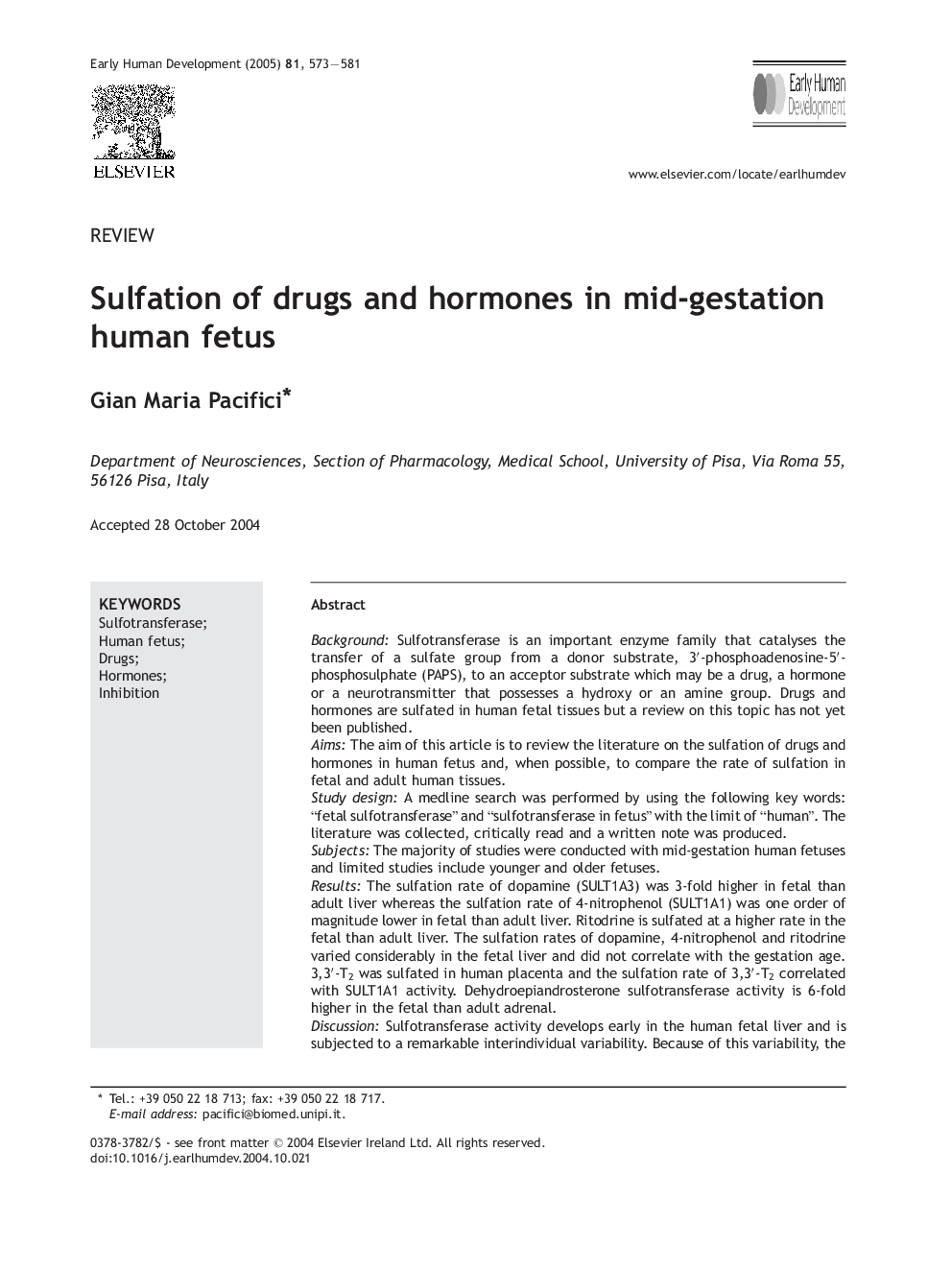 Sulfation of drugs and hormones in mid-gestation human fetus