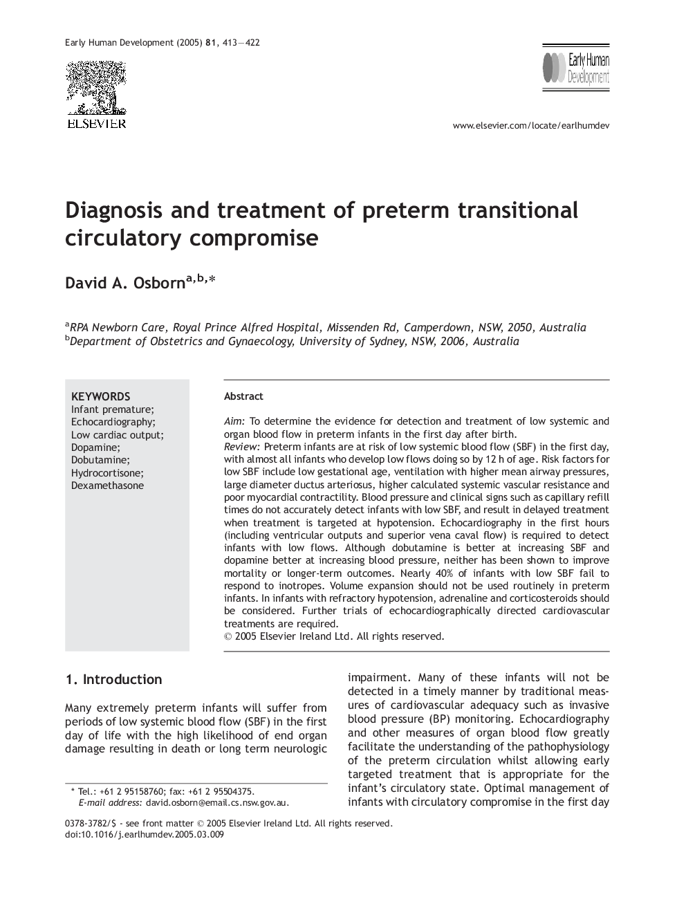 Diagnosis and treatment of preterm transitional circulatory compromise