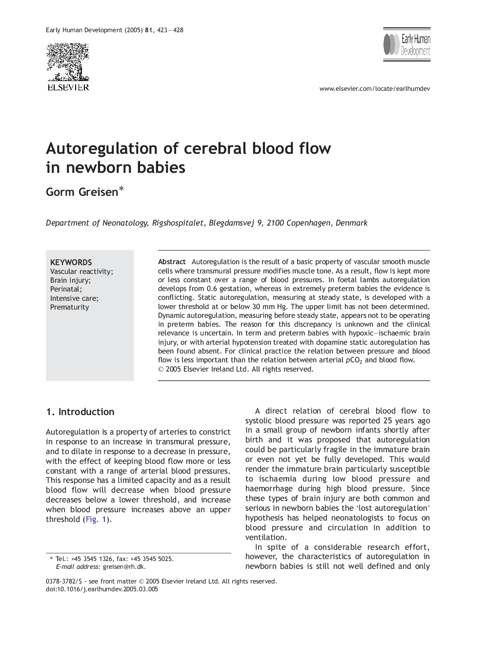 Autoregulation of cerebral blood flow in newborn babies