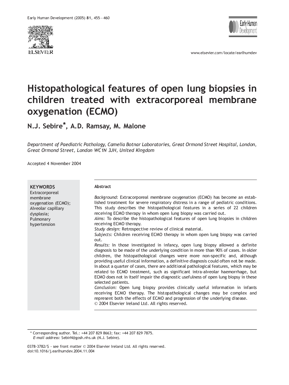 Histopathological features of open lung biopsies in children treated with extracorporeal membrane oxygenation (ECMO)