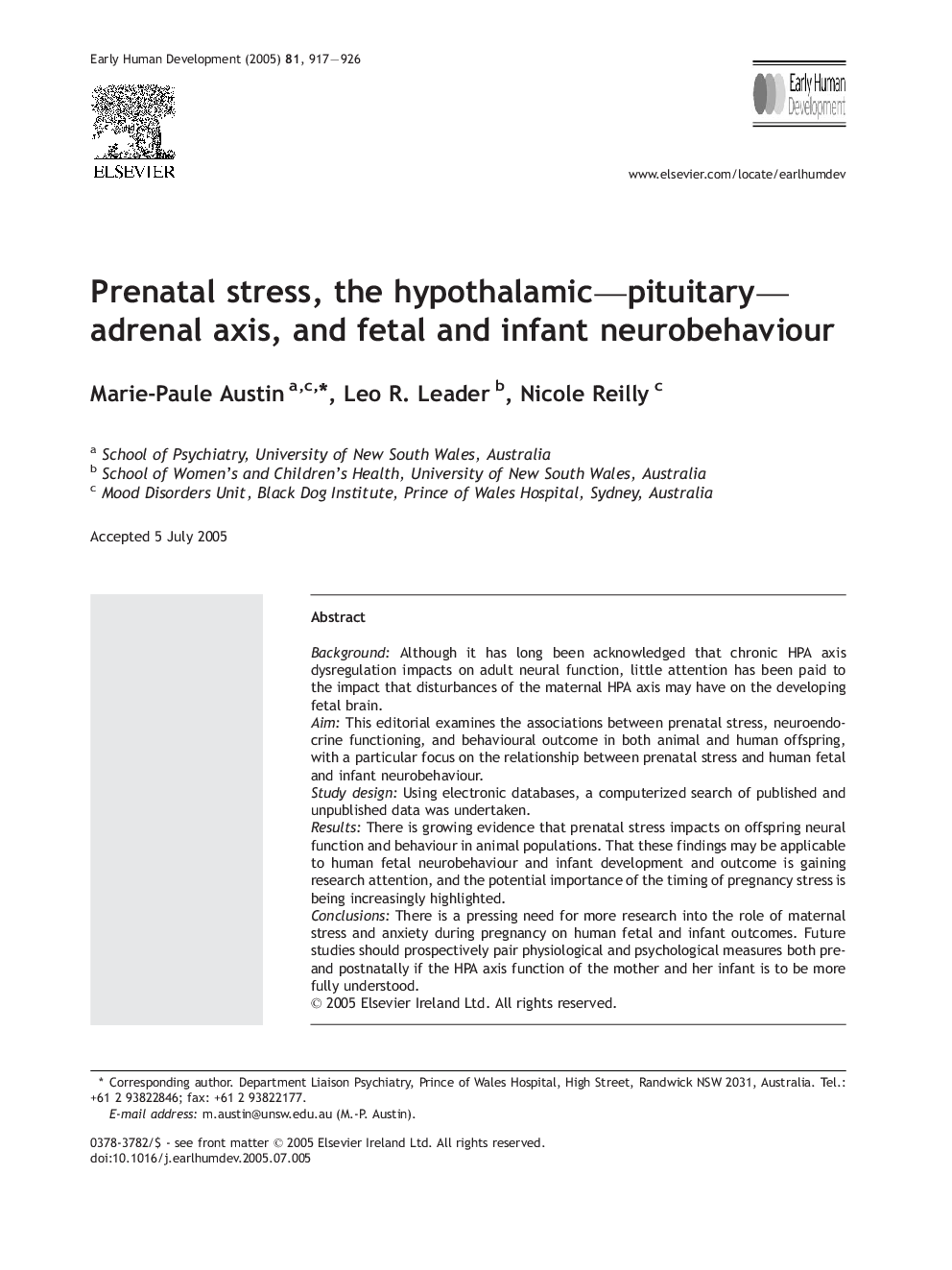 Prenatal stress, the hypothalamic-pituitary-adrenal axis, and fetal and infant neurobehaviour