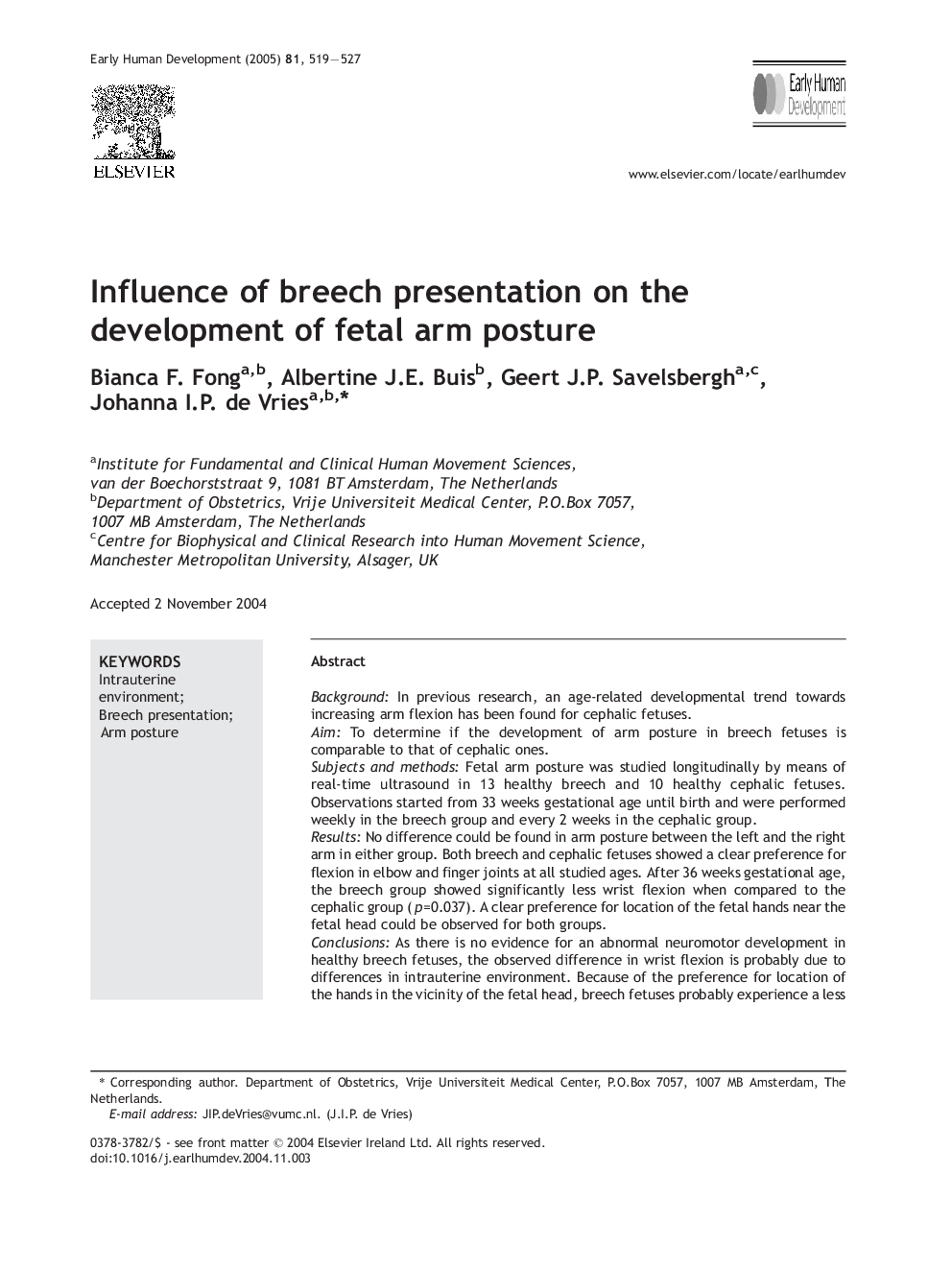 Influence of breech presentation on the development of fetal arm posture