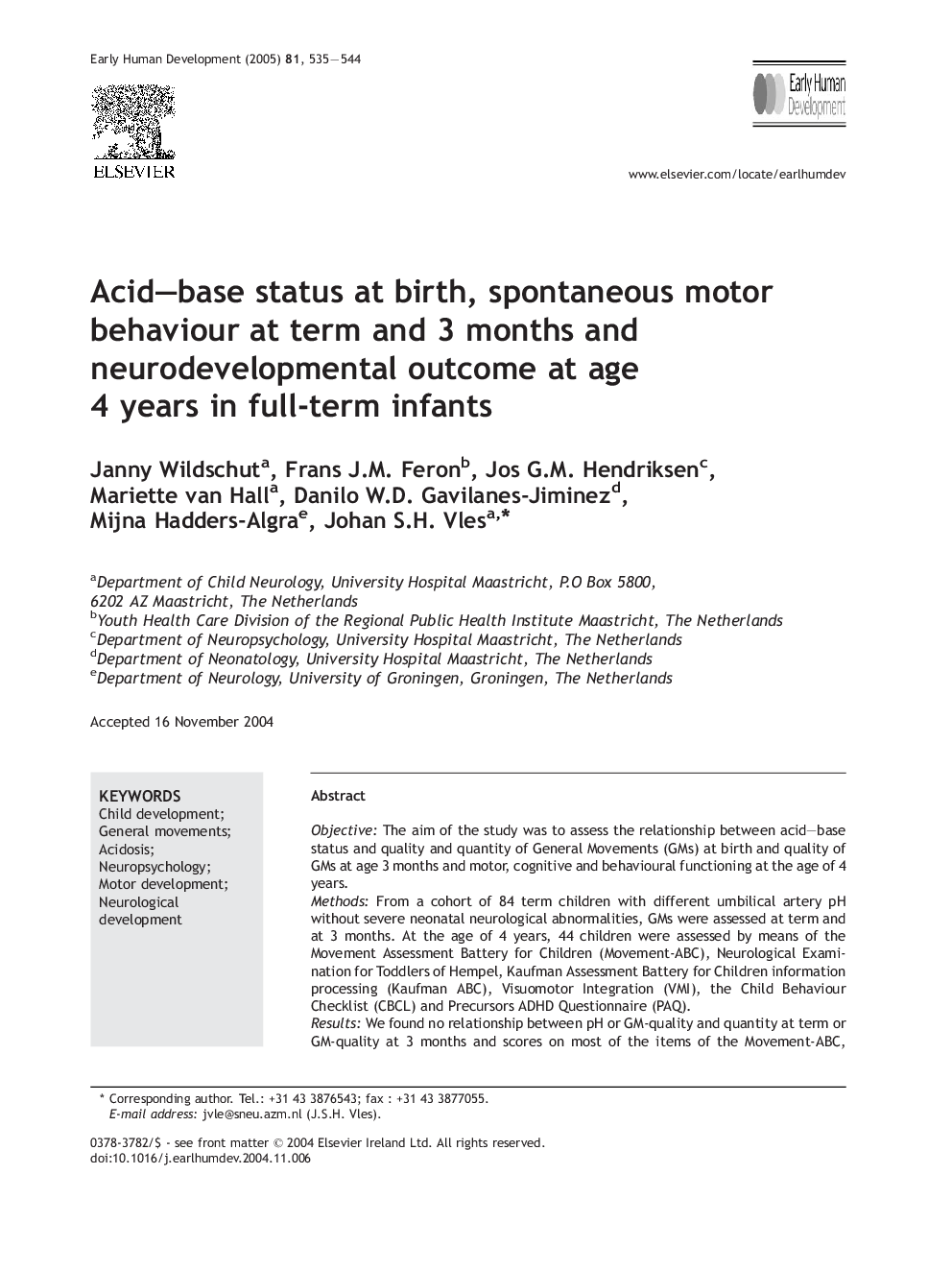 Acid-base status at birth, spontaneous motor behaviour at term and 3 months and neurodevelopmental outcome at age 4 years in full-term infants