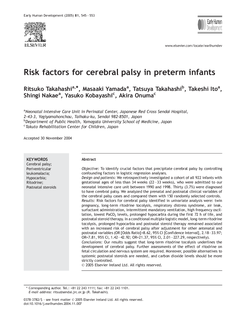 Risk factors for cerebral palsy in preterm infants