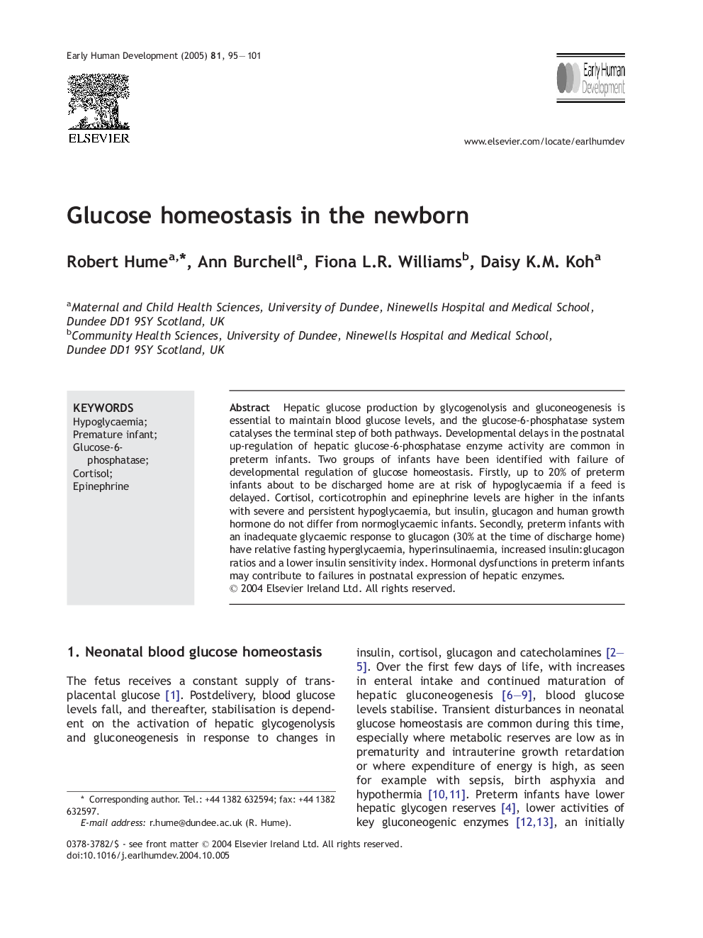 Glucose homeostasis in the newborn