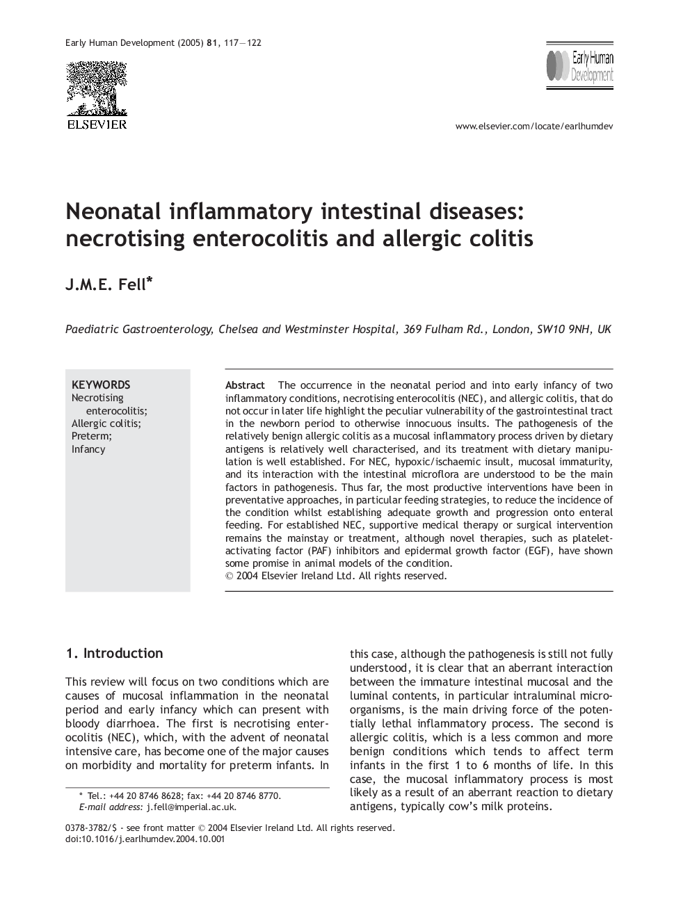 Neonatal inflammatory intestinal diseases: necrotising enterocolitis and allergic colitis