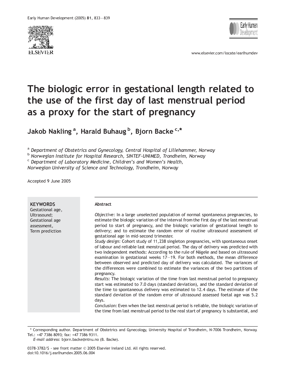 The biologic error in gestational length related to the use of the first day of last menstrual period as a proxy for the start of pregnancy