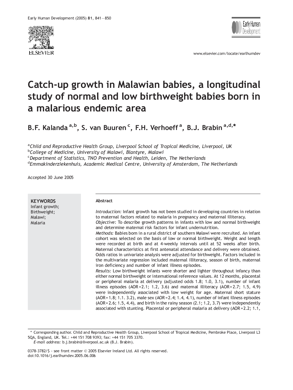 Catch-up growth in Malawian babies, a longitudinal study of normal and low birthweight babies born in a malarious endemic area