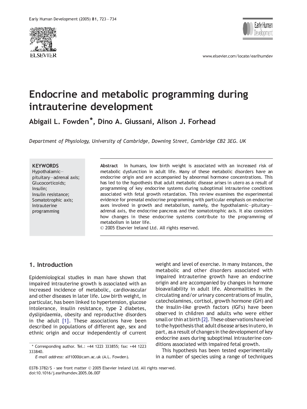 Endocrine and metabolic programming during intrauterine development