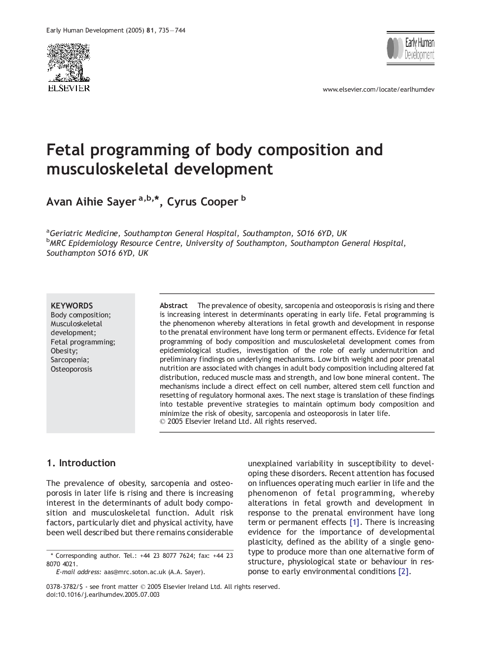 Fetal programming of body composition and musculoskeletal development