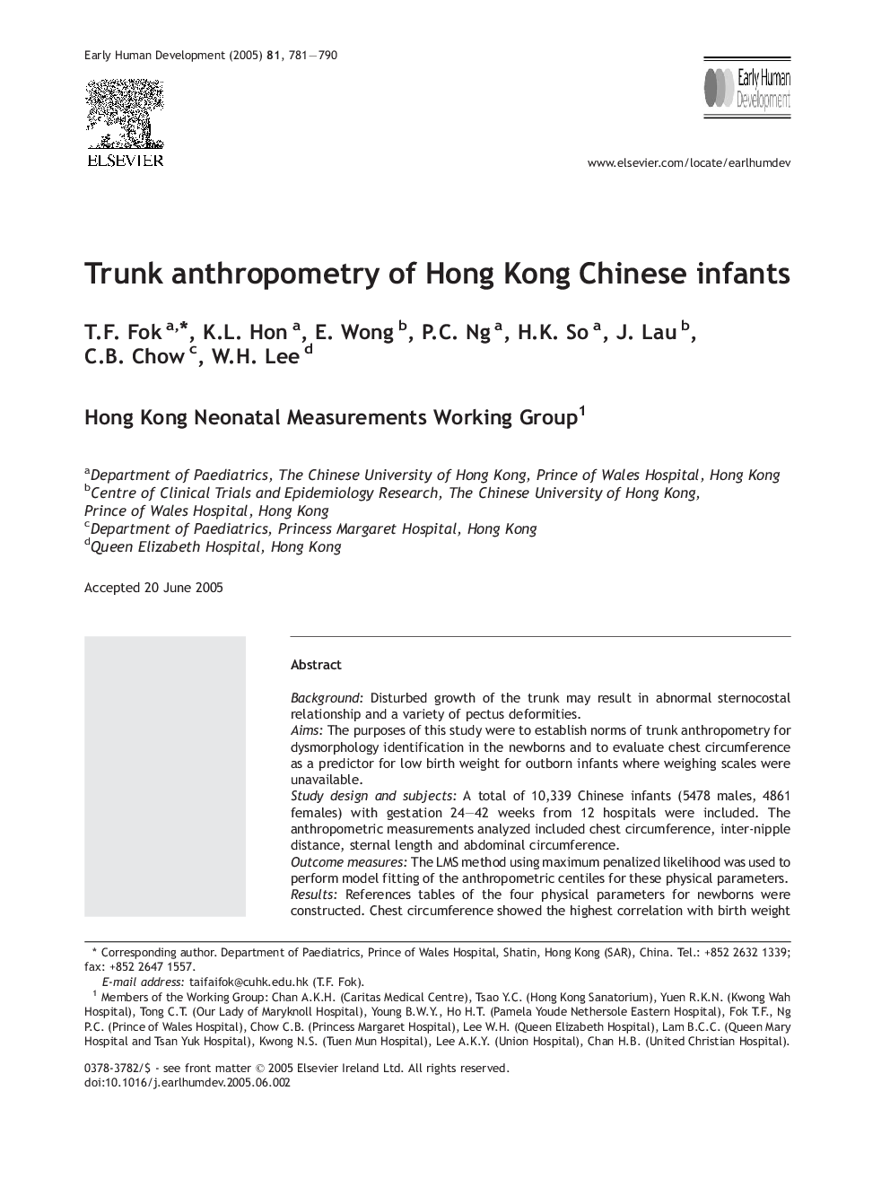 Trunk anthropometry of Hong Kong Chinese infants