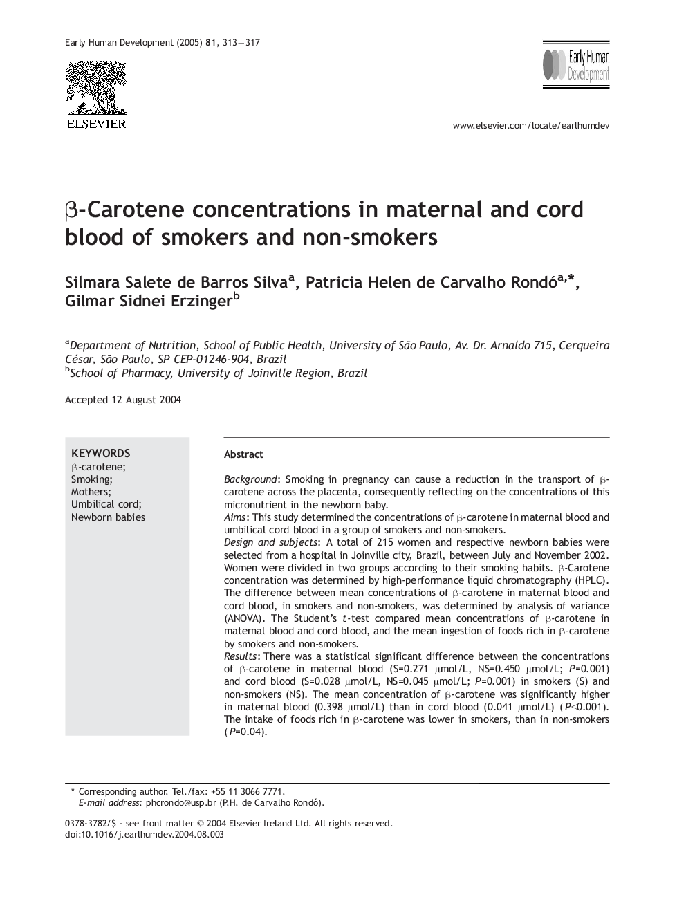 Î²-Carotene concentrations in maternal and cord blood of smokers and non-smokers