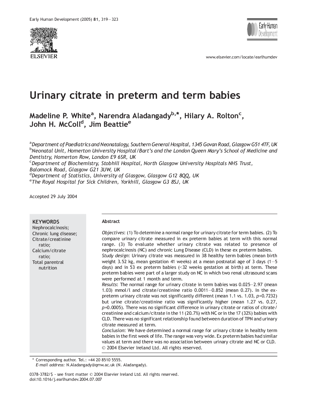 Urinary citrate in preterm and term babies