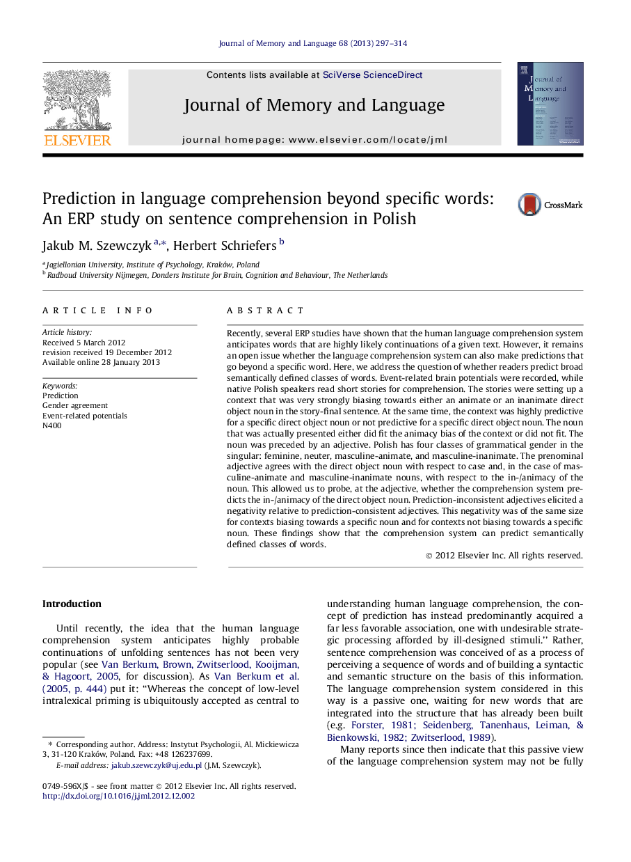 Prediction in language comprehension beyond specific words: An ERP study on sentence comprehension in Polish