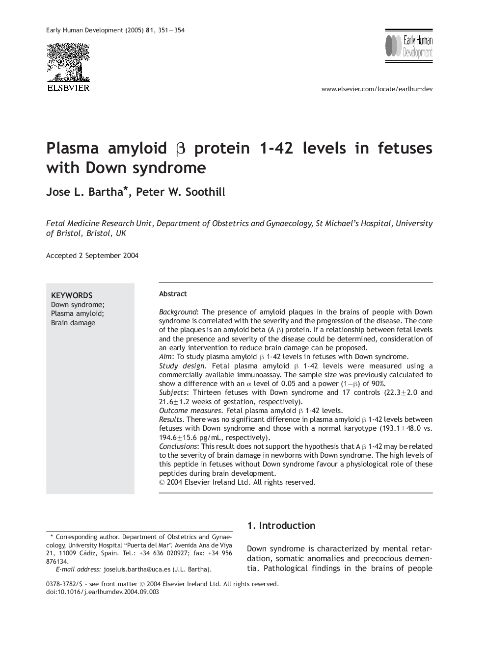 Plasma amyloid Î² protein 1-42 levels in fetuses with Down syndrome