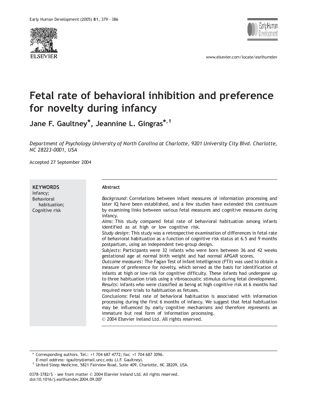 Fetal rate of behavioral inhibition and preference for novelty during infancy