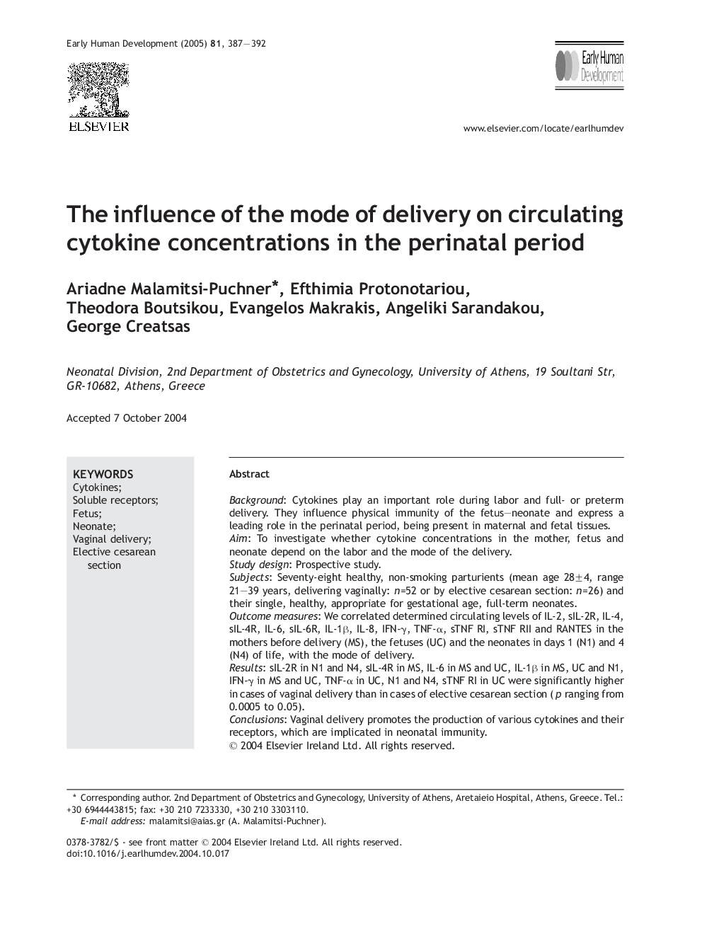 The influence of the mode of delivery on circulating cytokine concentrations in the perinatal period