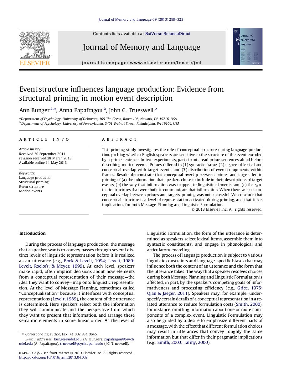 Event structure influences language production: Evidence from structural priming in motion event description