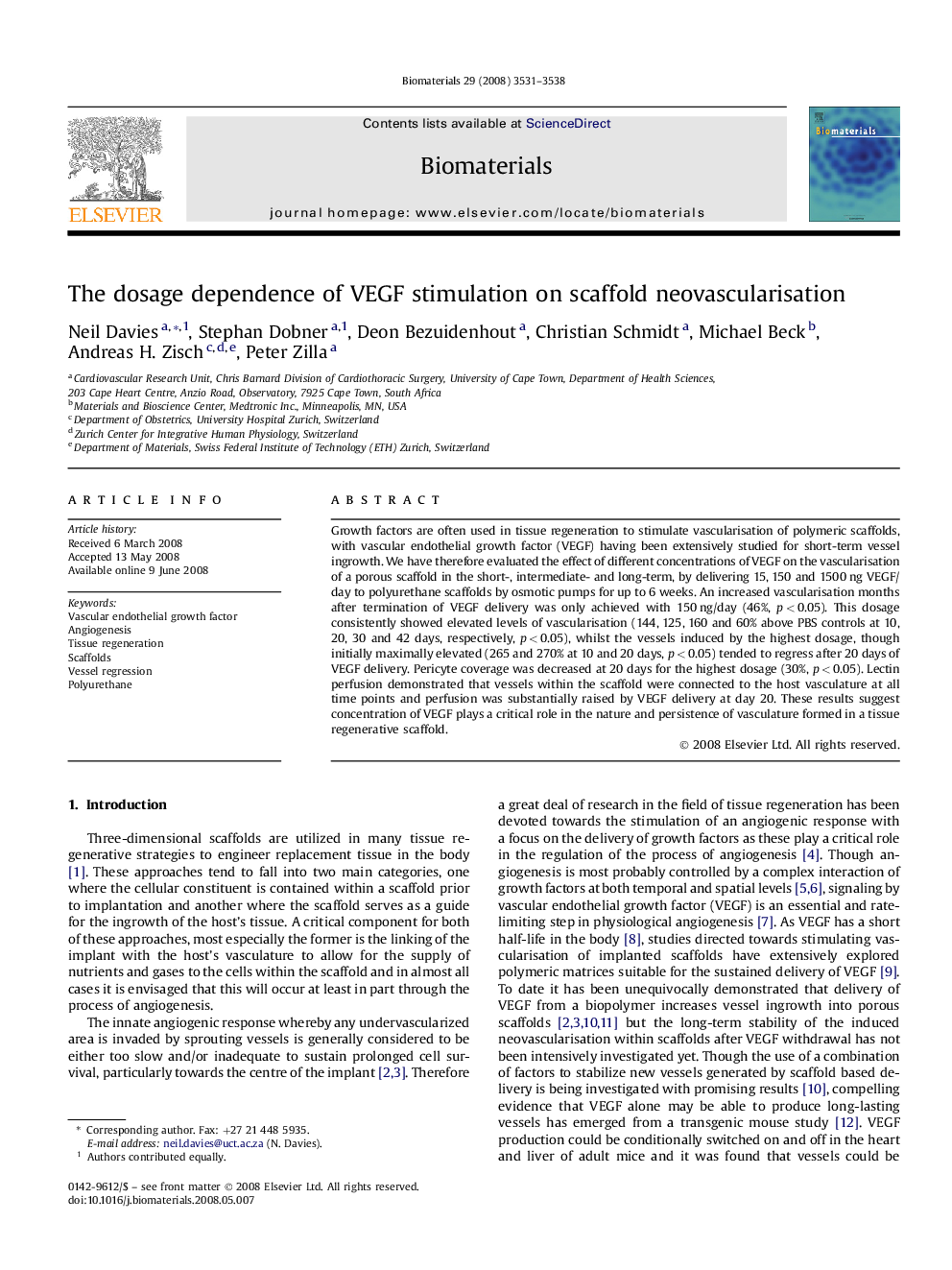 The dosage dependence of VEGF stimulation on scaffold neovascularisation