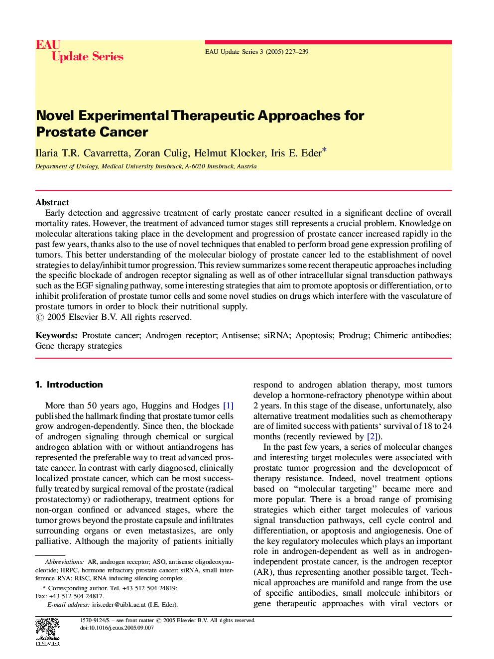 Novel Experimental Therapeutic Approaches for Prostate Cancer