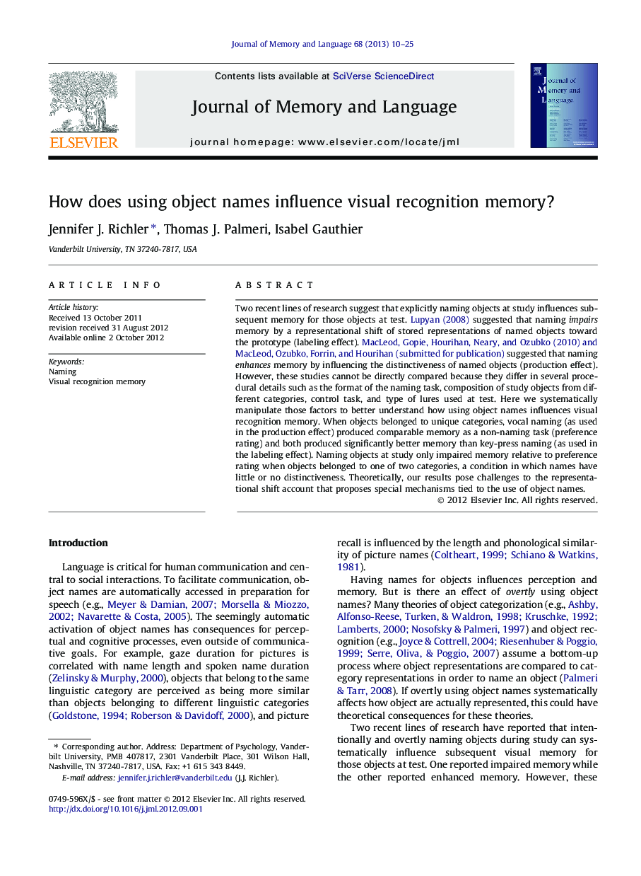 How does using object names influence visual recognition memory?