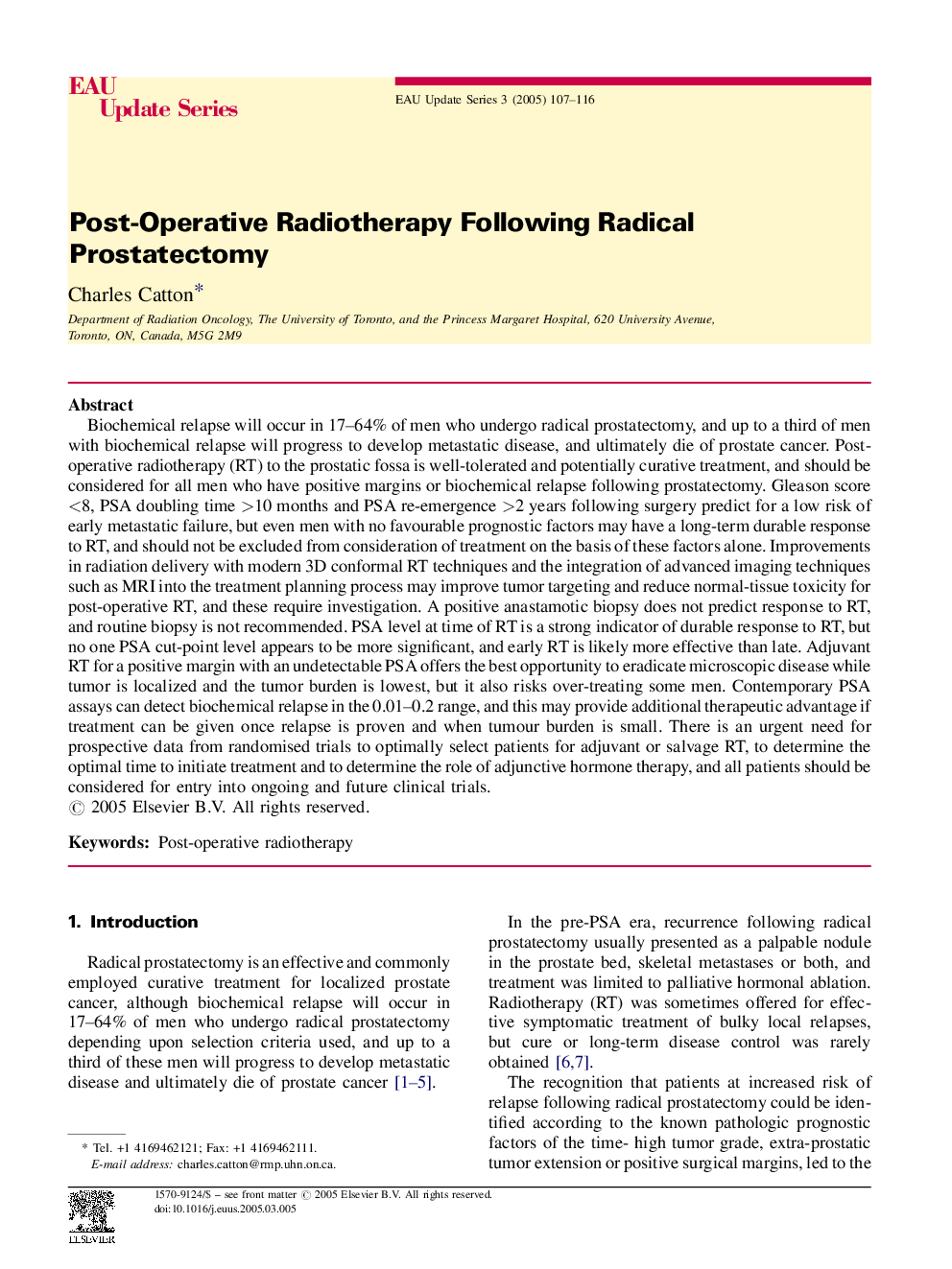 Post-Operative Radiotherapy Following Radical Prostatectomy