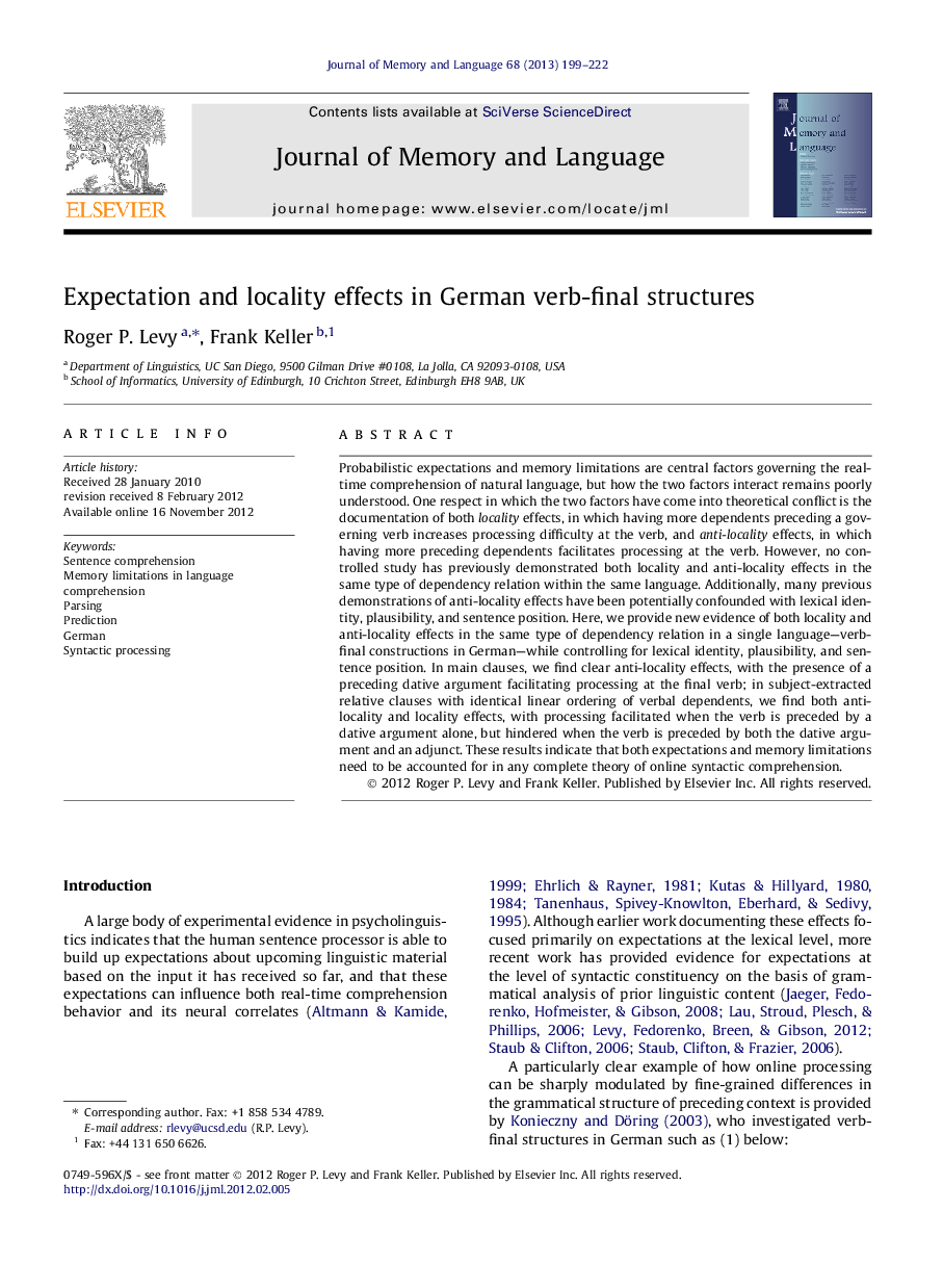 Expectation and locality effects in German verb-final structures